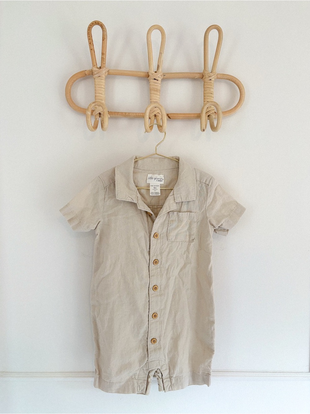 Little Planet Beige Short-Sleeve Button One-Piece for Kids